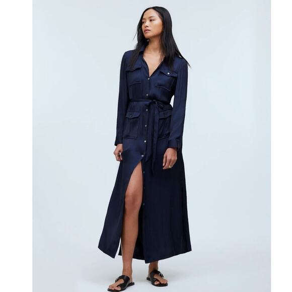 NWT Madewell Satin Button-Front Utility Shirtdress in Deep Indigo Size XXS - Picture 1 of 14